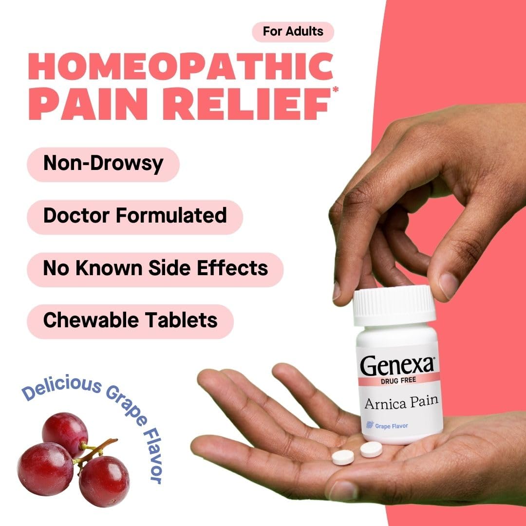Genexa Arnica for Pain Relief | Alleviate Muscle & Joint Pain, Soreness & Stiffness | Reduces Bruises & Swelling | Organic Grape Flavor | Homeopathic Remedy Made Clean | 100 Chewable Tablets Genexa uk supplements