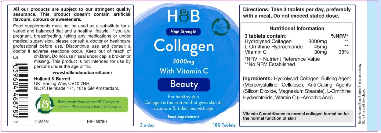 Holland & Barrett Bovine Collagen Tablet 3000mg - Type I Collagen Peptides - Hydrolysed Collagen with Vitamin C - Hair, Skin & Nails Holland & Barrett uk supplements