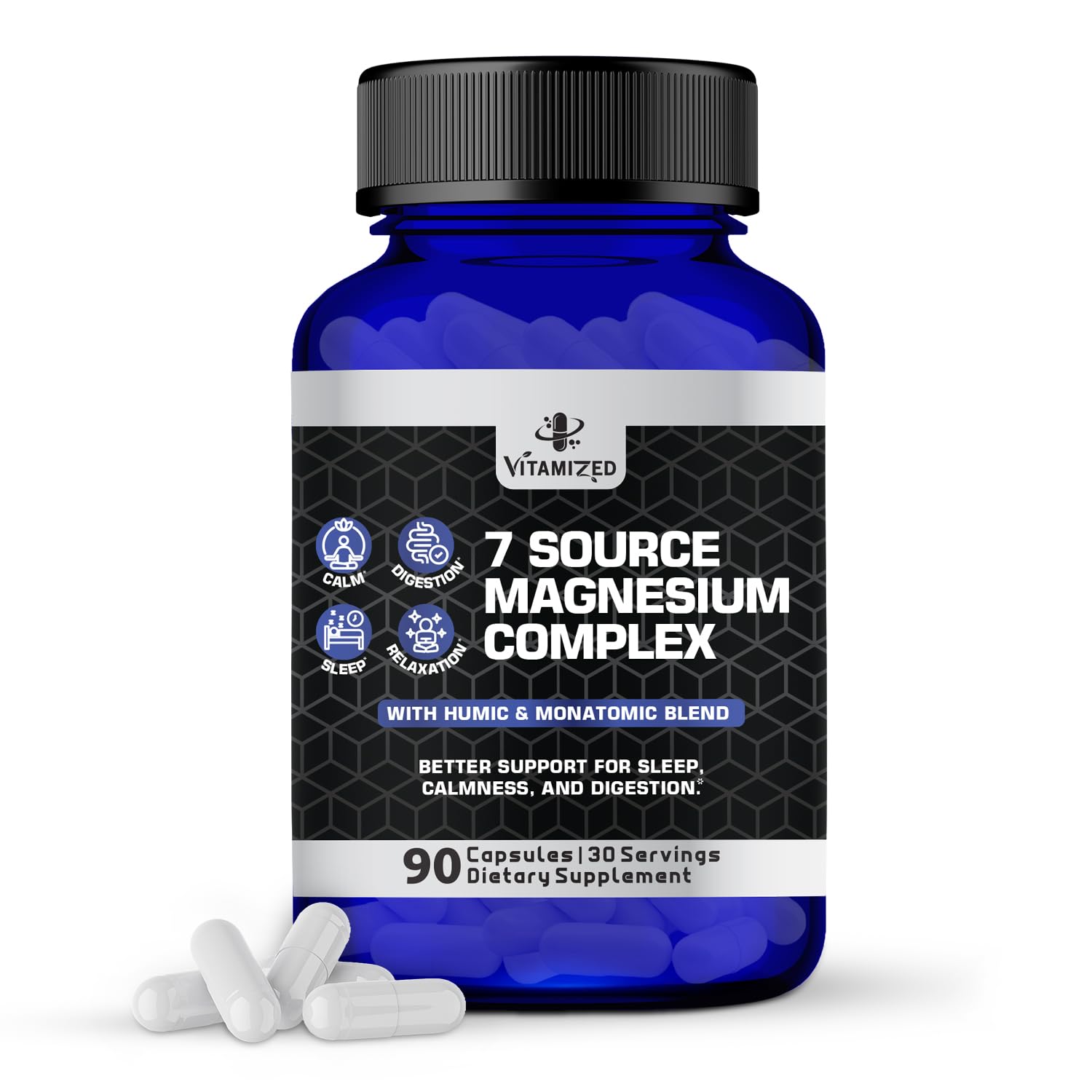 Magnesium Complex for Sleep, Relaxation, Digestion & Calm – Magnesium Glycinate, Citrate, Bisglycinate, Carbonate, Malate, Orotate, Taurate, + Humic/Fulvic for High Absorption - 90 ct. VITAMIZED uk supplements