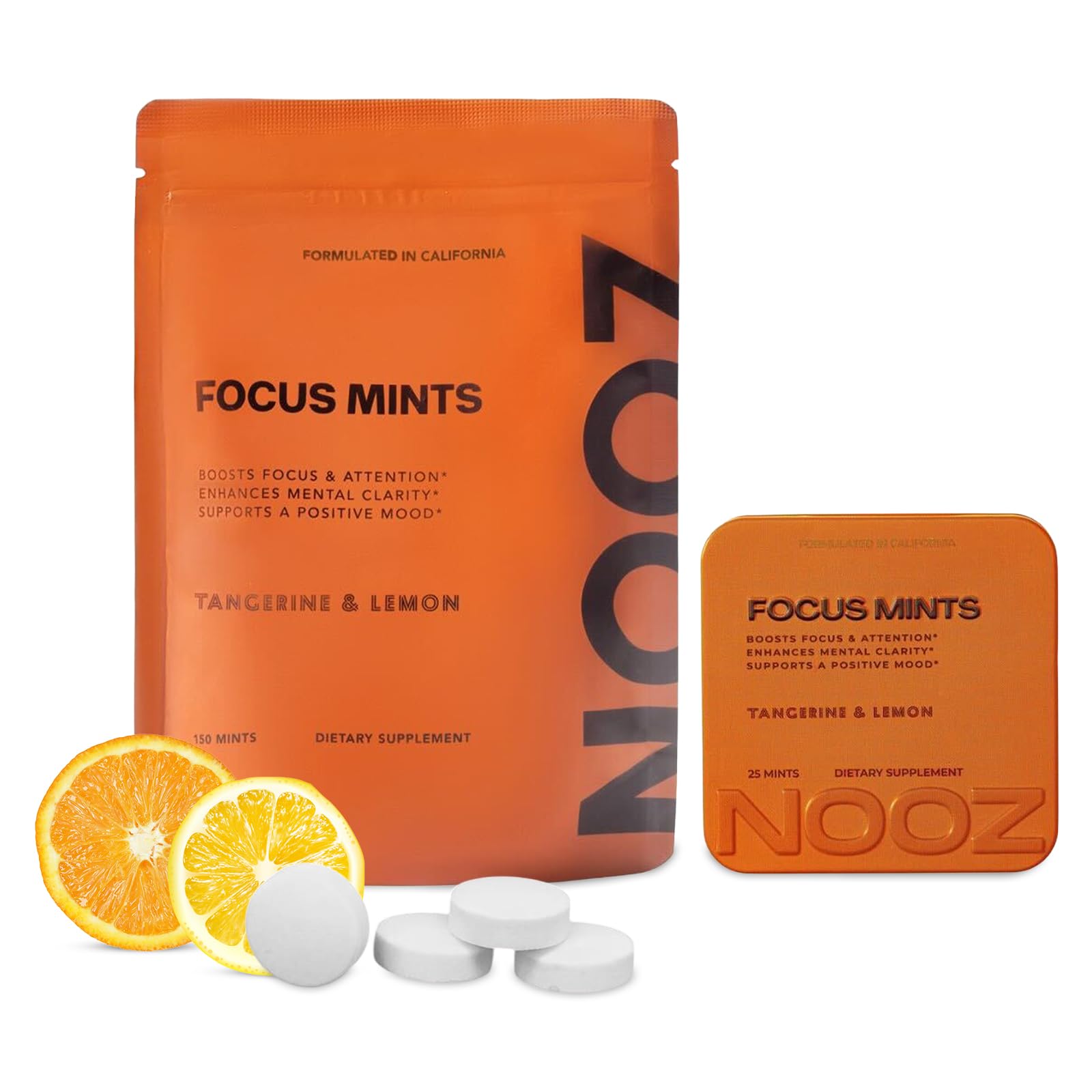NOOZ Focus Mints Refill Bag - Caffeine-Free Brain Booster for Mental Clarity-Tangerine & Lemon Flavor | Sugar-Free, Travel-Friendly Supplement with Vitamin C, B6, B12 - Non-GMO, Clean Label, 150 Mints NOOZ uk supplements
