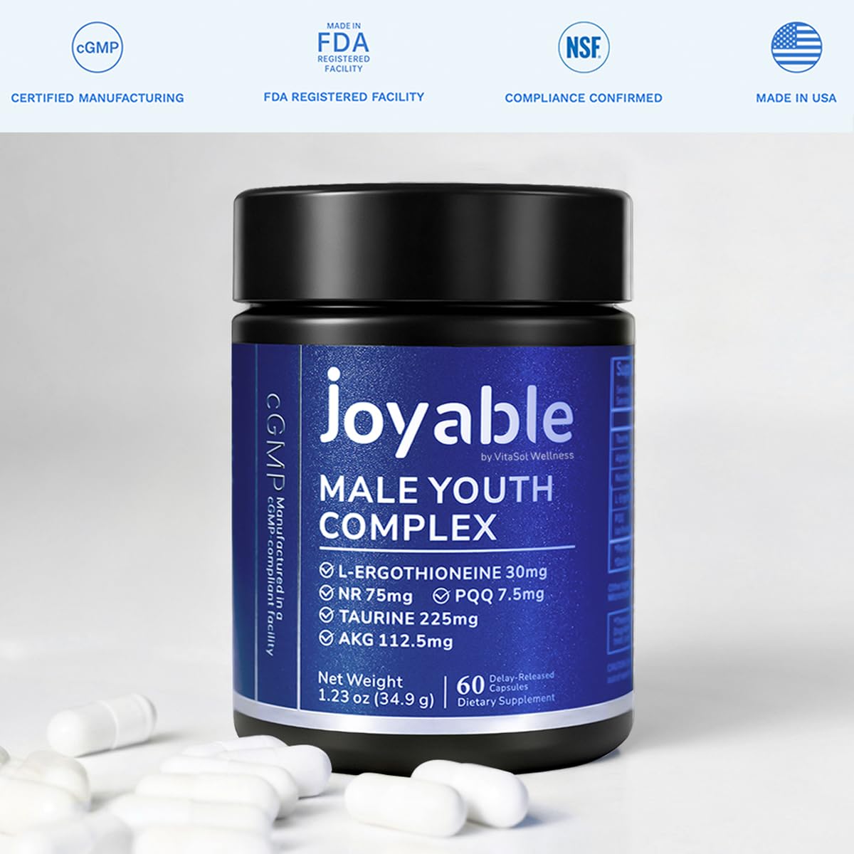 joyable by VitaSol Wellness - Male Youth Complex – Cellular Energy & Healthy Aging Support Supplement with NR, PQQ & Ergothioneine | 60 Capsules joyable by VitaSol Wellness uk supplements