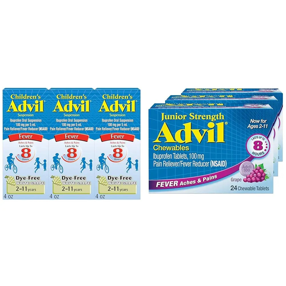 Advil Children's Pain Reliever and Fever Reducer, Dye Free Liquid Ibuprofen for Children (Pack of 3) and Advil Junior Strength Chewable Ibuprofen Pain Reliever and Fever Reducer, Grape Flavored Tablets for Children (Pack of 3) Advil uk supplements