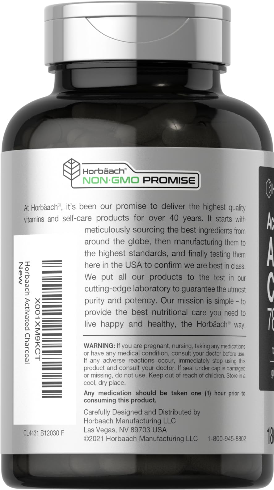 Charcoal Pills 780mg | 180 Capsules | Activated Charcoal from Coconut Shells | Non-GMO Horbäach uk supplements