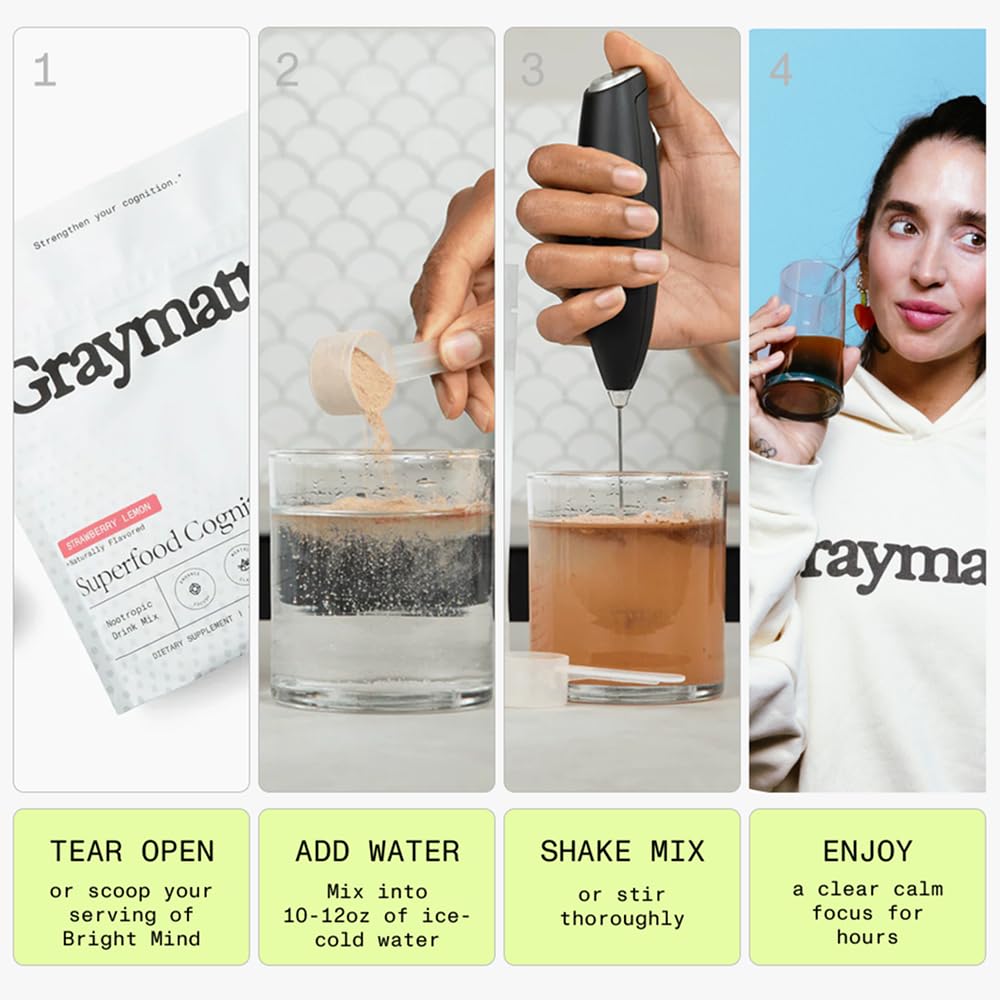 Graymatter Bright Mind Nootropic Powder (6 Travel Packets Variety Pack: Cacao, Tangerine, Strawberry Lemon) – Plant-Based Energy & Focus Drink Mix, Adaptogens & Vitamins, Sugar-Free Daily Supplement Graymatter uk supplements