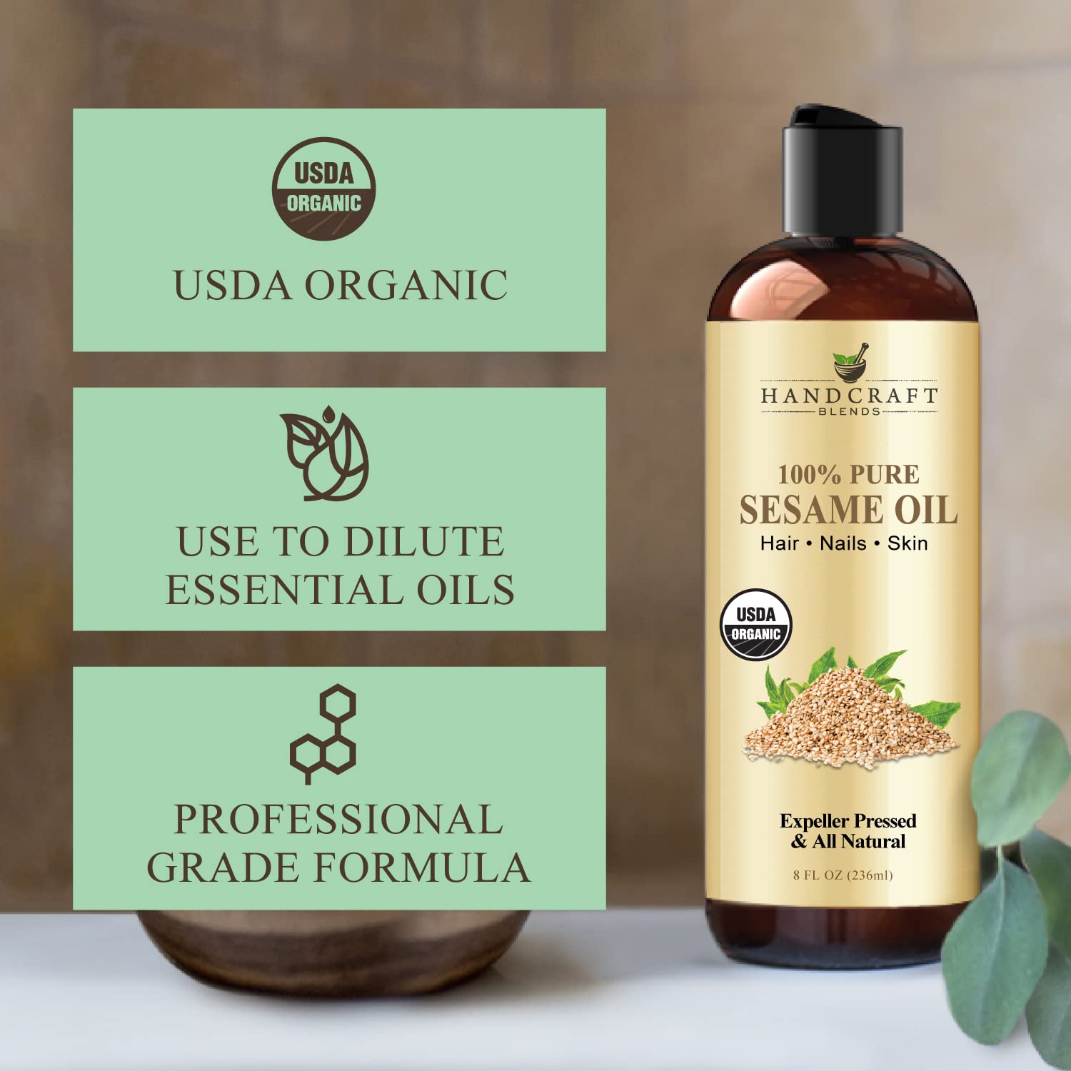 Handcraft Blends Organic Sesame Oil for Skin and Hair 8 oz - 100% Pure and Natural - Premium Handcraft Blends uk supplements