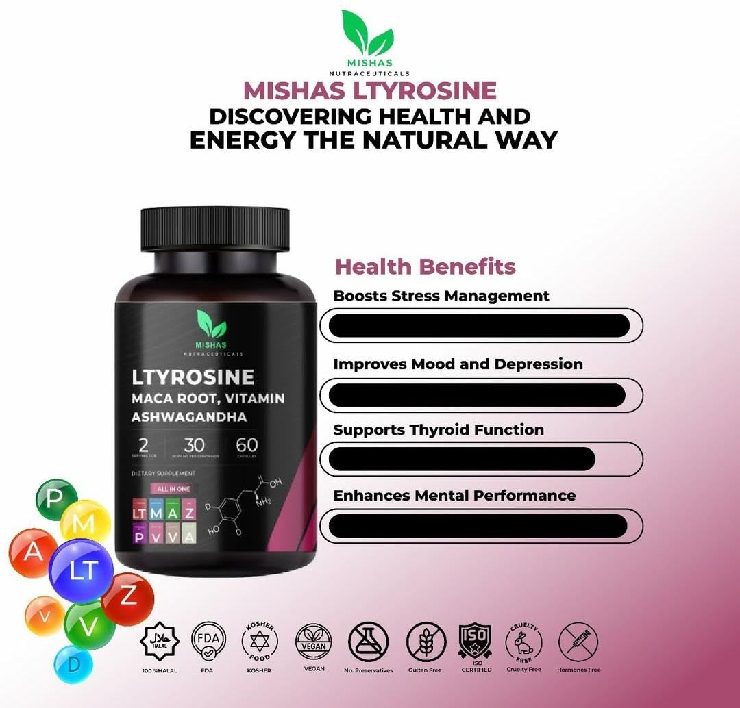 Mishas Nutraceuticals L-Tyrosine with Maca Root, Ashwagandha & Vitamins Complex – Energy, Mental Focus, Stress Relief & Immunity Support – 60 Capsules (30 Servings) Mishas uk supplements