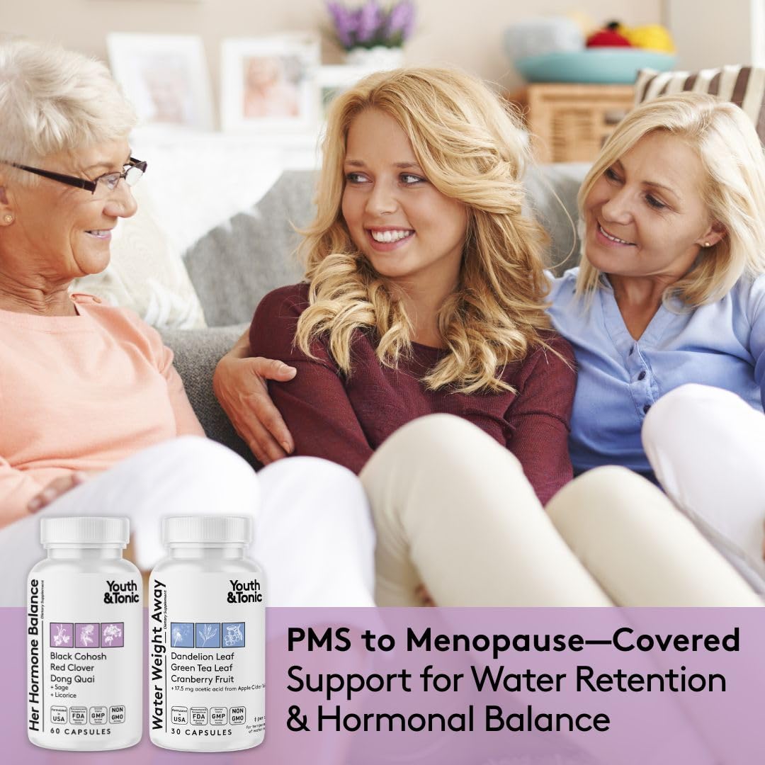 Youth & Tonic PMS & Menopause Bloating Relief Duo – Support for Puffiness, Hormonal Balance & Fluid Retention – Her Hormone Balance + Water Weight Away Natural Herbs for Women, 90 Capsules Youth & Tonic uk supplements