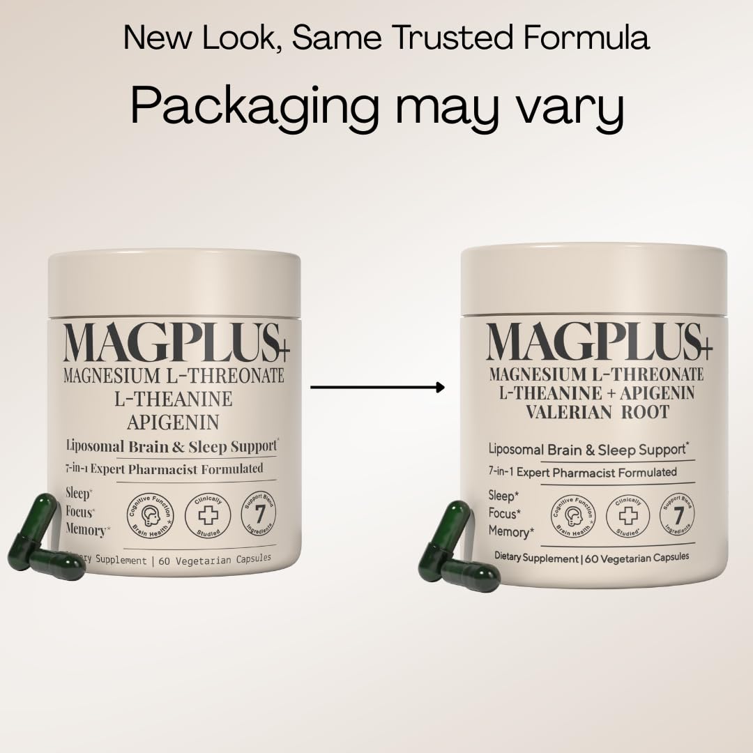 MAGPLUS+ Magnesium L-Threonate w Apigenin & L Theanine | 7-Ingredient Sleep Blend | Brain, Memory, & Sleep Support | Liposomal Magnesium Threonate Supplement (60 Capsules) Plus+Ultra uk supplements