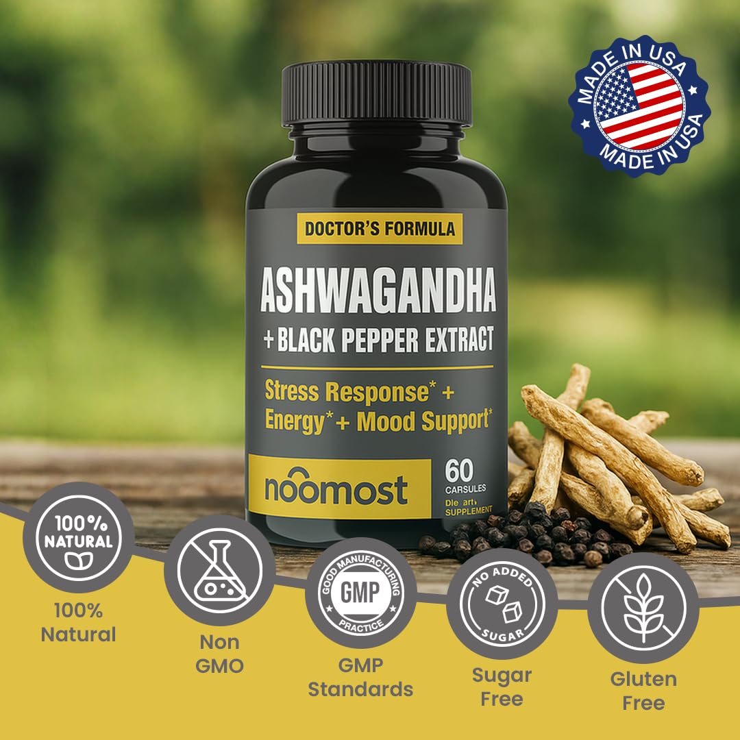 NooMost Organic Ashwagandha 400mg Capsules w/Black Pepper Extract as Vegan Ashwagandha Supplements for Anti Stress Relief, Natural Mood Support, Energy & Focus-60 Capsules NooMost uk supplements