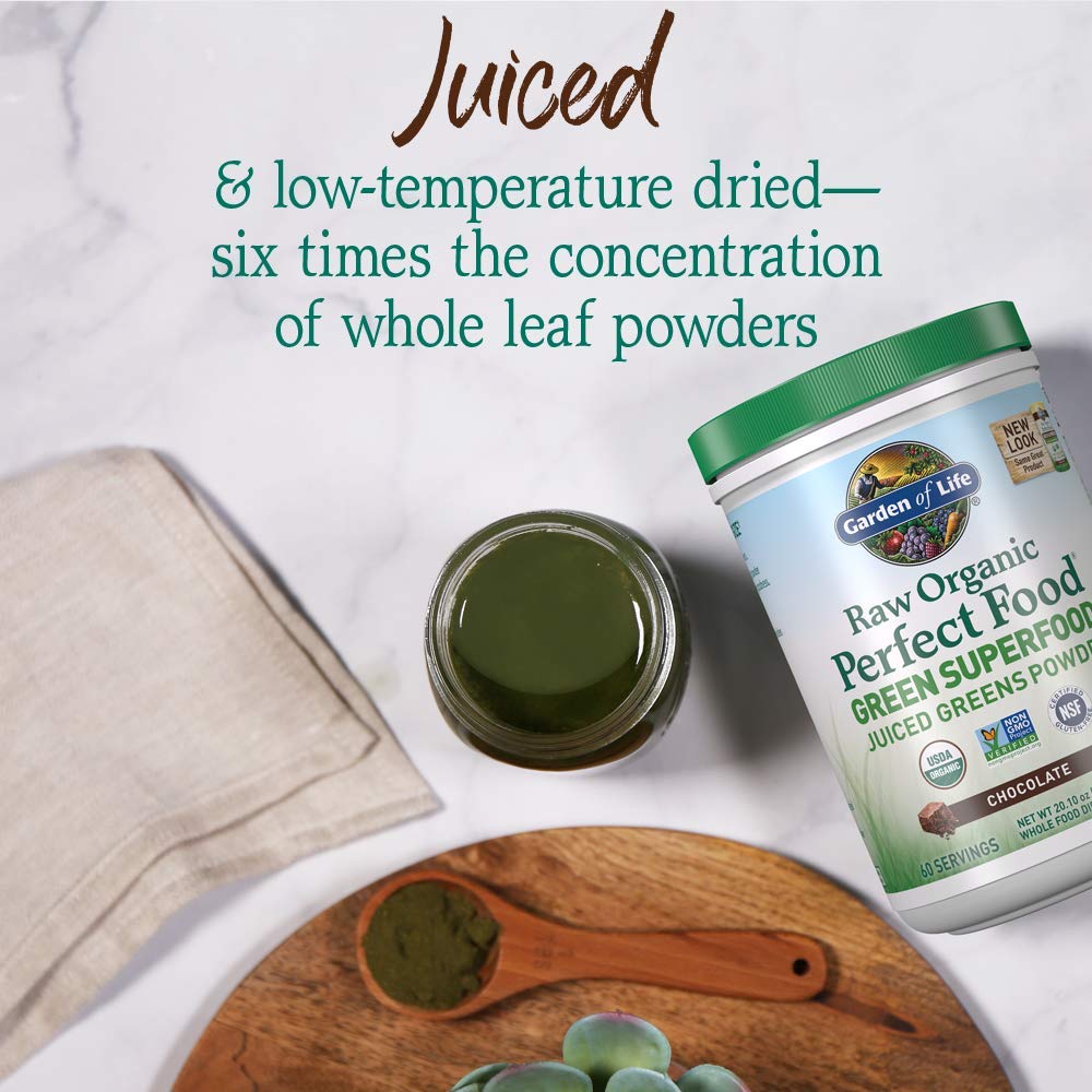 Garden of Life Raw Organic Perfect Food Green Superfood Juiced Greens Powder - Chocolate, 60 Servings, Non-GMO, Gluten Free, Vegan Whole Food Dietary Supplement Plus Probiotics, Enzymes Garden of Life uk supplements