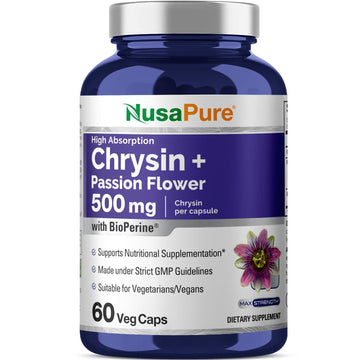 NusaPure Chrysin 500mg, 60 Veggie Capsules | Passion Flower Complex 500mg Supplement | 5, 7-Dihydroxyflavone | Concentrated Extract | Non-GMO, BioPerine & Vegan NusaPure uk supplements