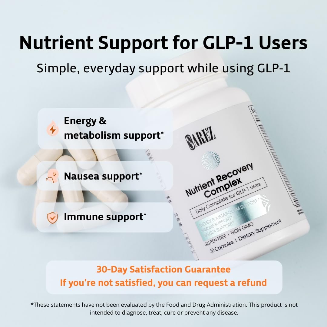 Sarez GLP-1 Support Capsules — Methylated Vitamins & Chelated Minerals — Energy, Metabolism, Hair & Daily Nutrient Support — with Ginger for Nausea — Gentle on Stomach — 30 Day Supply Sarez uk supplements
