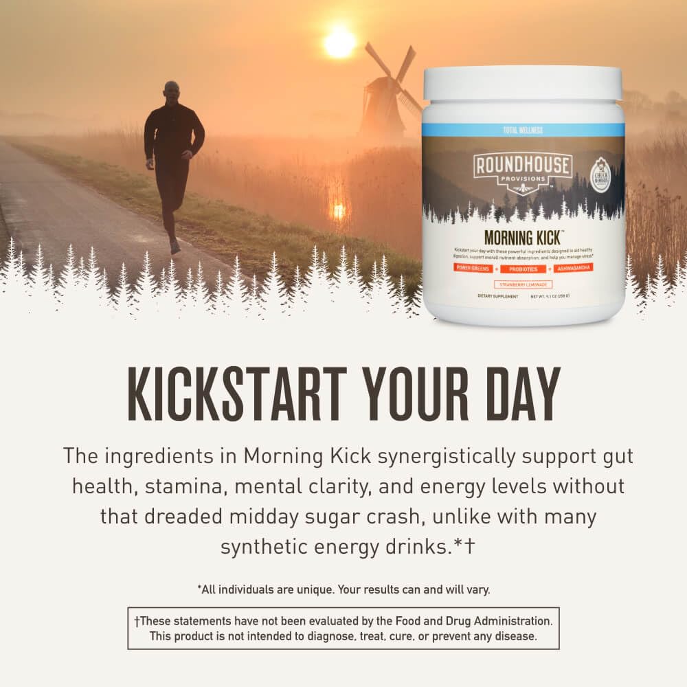 ROUNDHOUSE PROVISION Morning Kick, Greens Superfood Powder Supplement with Ashwagandha, Collagen & Probiotics - Sugar Free, Caffeine Free (3 Pack, Strawberry Lemonade Flavor) by Chuck Norris ROUNDHOUSE PROVISION uk supplements