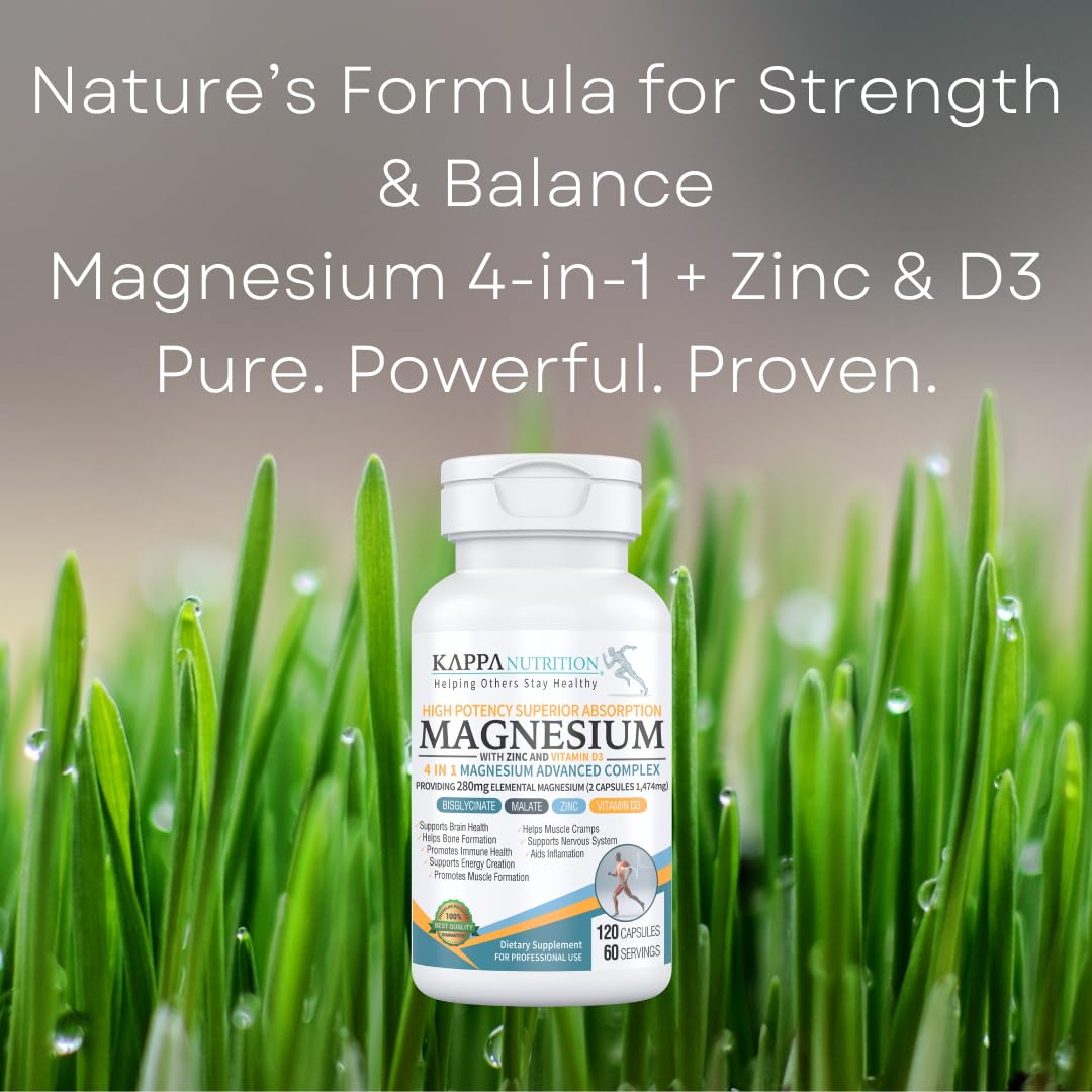 Kappa Nutrition Magnesium 4-in-1, 280mg Elemental Magnesium (Bisglycinate, Malate) + Zinc & Vitamin D3, Brain, Sleep, Energy, Muscle, Immune Support, 120 Vegan Capsules. KAPPA NUTRITION uk supplements