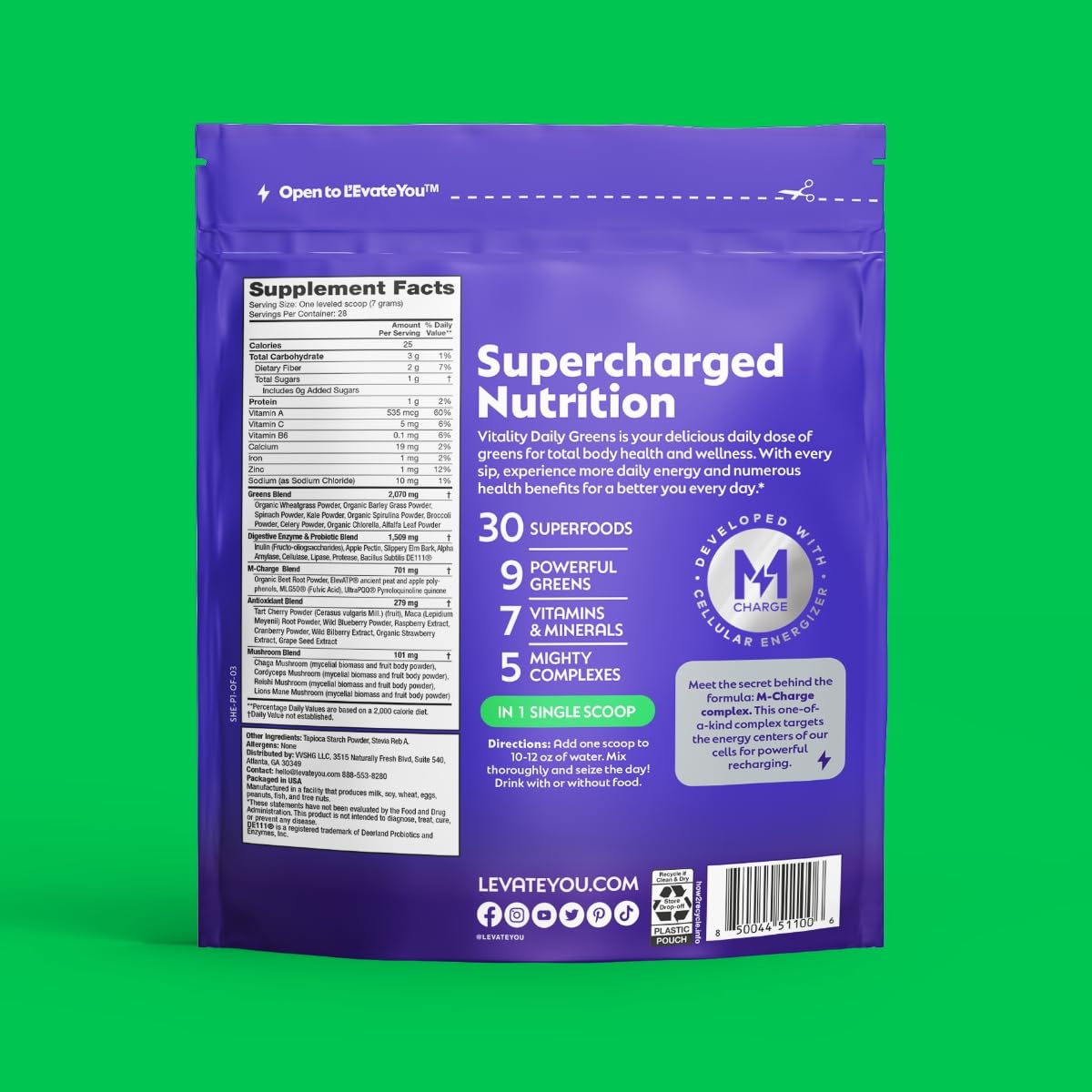 L'Evate You Vitality Daily Greens Powder (28 Servings) 30 Superfoods, 9 Greens - for a Cellular Energy Boost, Powered by M-Charge Complex for All Day Energy (Original) Steve Harvey's L'Evate You uk supplements