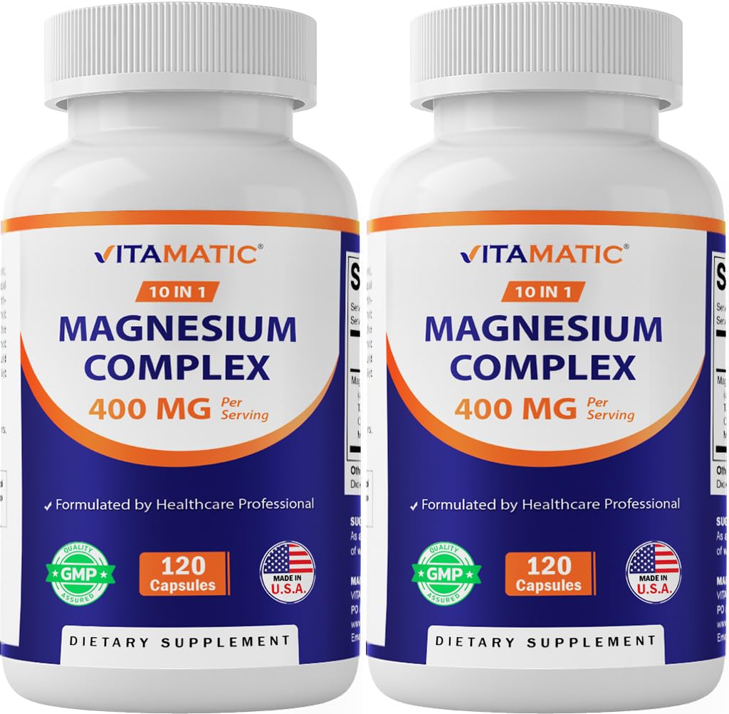 Vitamatic Magnesium Complex, 400mg Elemental MG (as Bisglycinate, Citrate, Taurate, Malate, Aspartate, Oxide, Gluconate, Lysinate Glycinate, Orotate, Succinate) - 120 Capsules per Pack - 2 Pack Vitamatic uk supplements