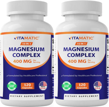 Vitamatic Magnesium Complex, 400mg Elemental MG (as Bisglycinate, Citrate, Taurate, Malate, Aspartate, Oxide, Gluconate, Lysinate Glycinate, Orotate, Succinate) - 120 Capsules per Pack - 2 Pack Vitamatic uk supplements