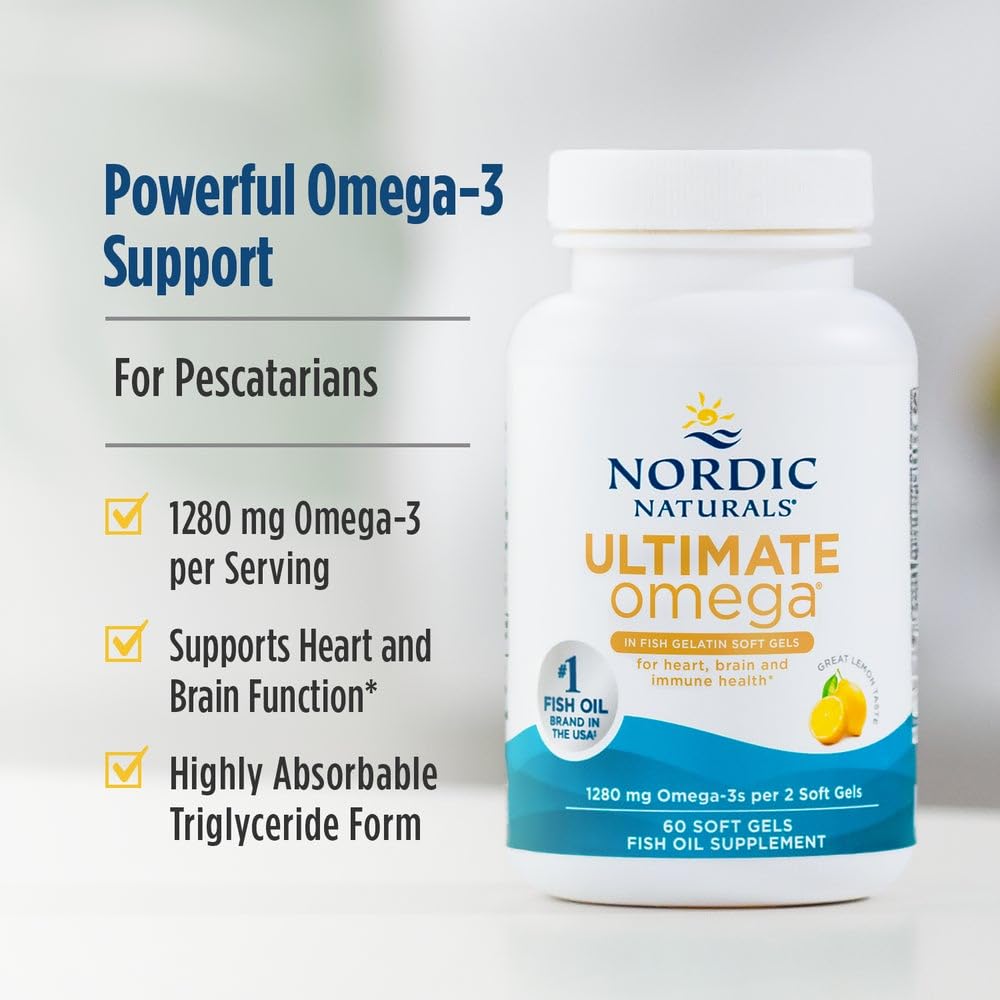 Nordic Naturals Ultimate Omega in Fish Gelatin, Lemon Flavor - 60 Soft Gels - 1280 mg Omega-3 - High-Potency Fish Oil Supplement - EPA & DHA - Promotes Brain & Heart Health - Non-GMO - 30 Servings Nordic Naturals uk supplements