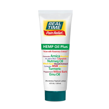 Real Time Pain Relief Hemp Oil Plus 4oz Tube | 20 Natural Ingredients: 5% Arnica & Turmeric | Fast Absorbing Lotion for Muscles, Hands, Feet, Ankles, Back, Shoulders, Knees & Joints Discomfort Real Time Pain Relief uk supplements