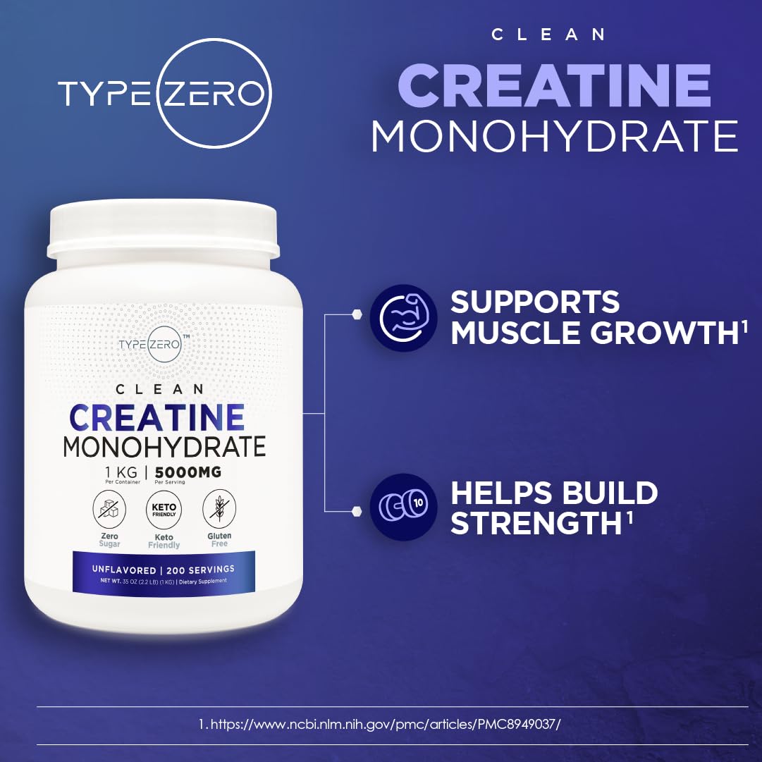 Type Zero Creatine Monohydrate (Unflavored) 1 KG, 5000mg (5g) Per Serving, Micronized, Zero Sugar, Keto Friendly & Gluten Free, 200 Servings Type Zero uk supplements