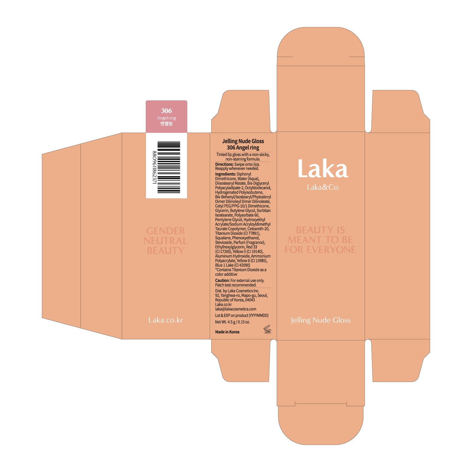 Laka Jelling Nude Gloss, 4.5g/0.15oz, Sheer Hydrating Lip Oil with No Stain, Non-Sticky, Nourishing Gloss for a Glowy Look, K-Beauty (#306 Angelring) Laka uk supplements