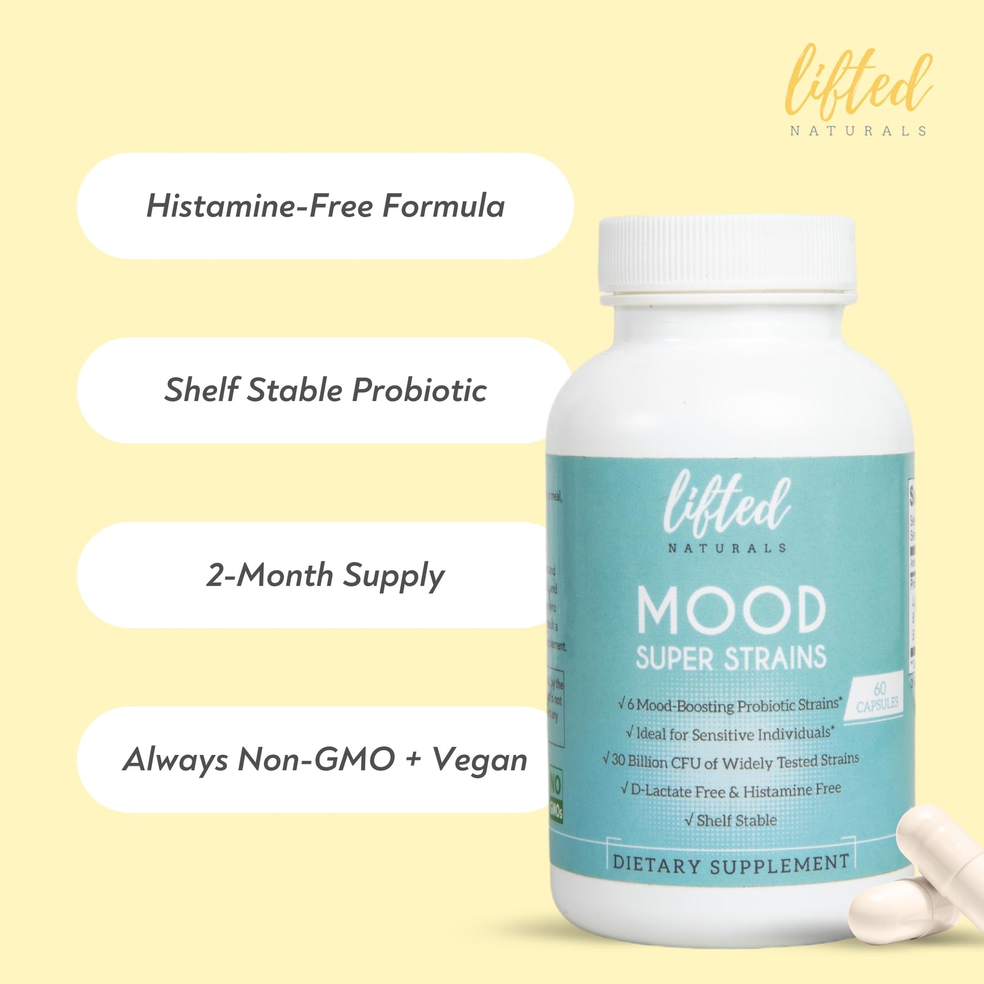 Probiotics - Mood Super Strains Probiotic - Naturally Supports Digestion & Mood - Histamine-Free Probiotics w/ L Rhamnosus GG, Shelf Stable Probiotic Supplement, 60 Day Supply, Non-GMO, VEGAN Lifted Naturals uk supplements