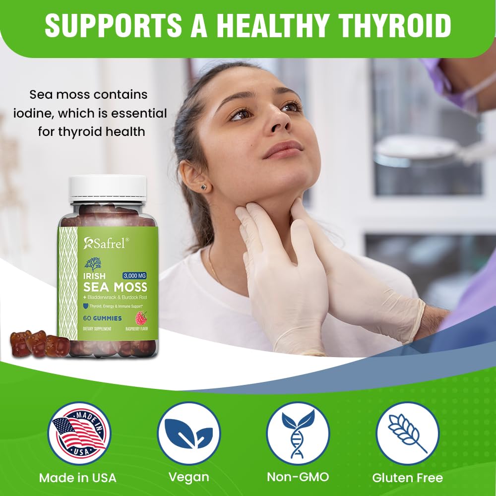 Safrel Irish Sea Moss Gummies 3000mg with Bladderwrack and Burdock Root, Thyroid Energy and Immune Support, Vegan Raspberry Flavor, 60 Gummies Safrel uk supplements