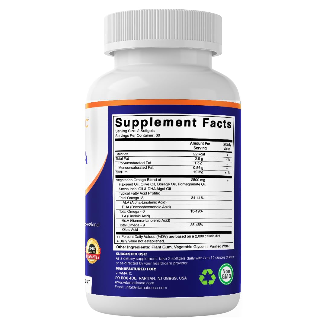 Vitamatic Vegan Omega 3-6-9 Complex 1250mg | Flaxseed, Olive, Borage & Algae Oils | Plant-Based Omegas | 120 Softgels Vitamatic uk supplements