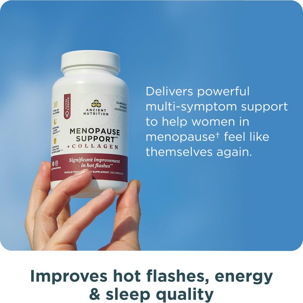 Ancient Nutrition Menopause Support + Collagen Supplement, Hydrolyzed Collagen Peptides, Key Clinically Validated Superfoods, Significant Improvement in Hot Flashes and Sleep Quality, 60 Capsules Ancient Nutrition uk supplements
