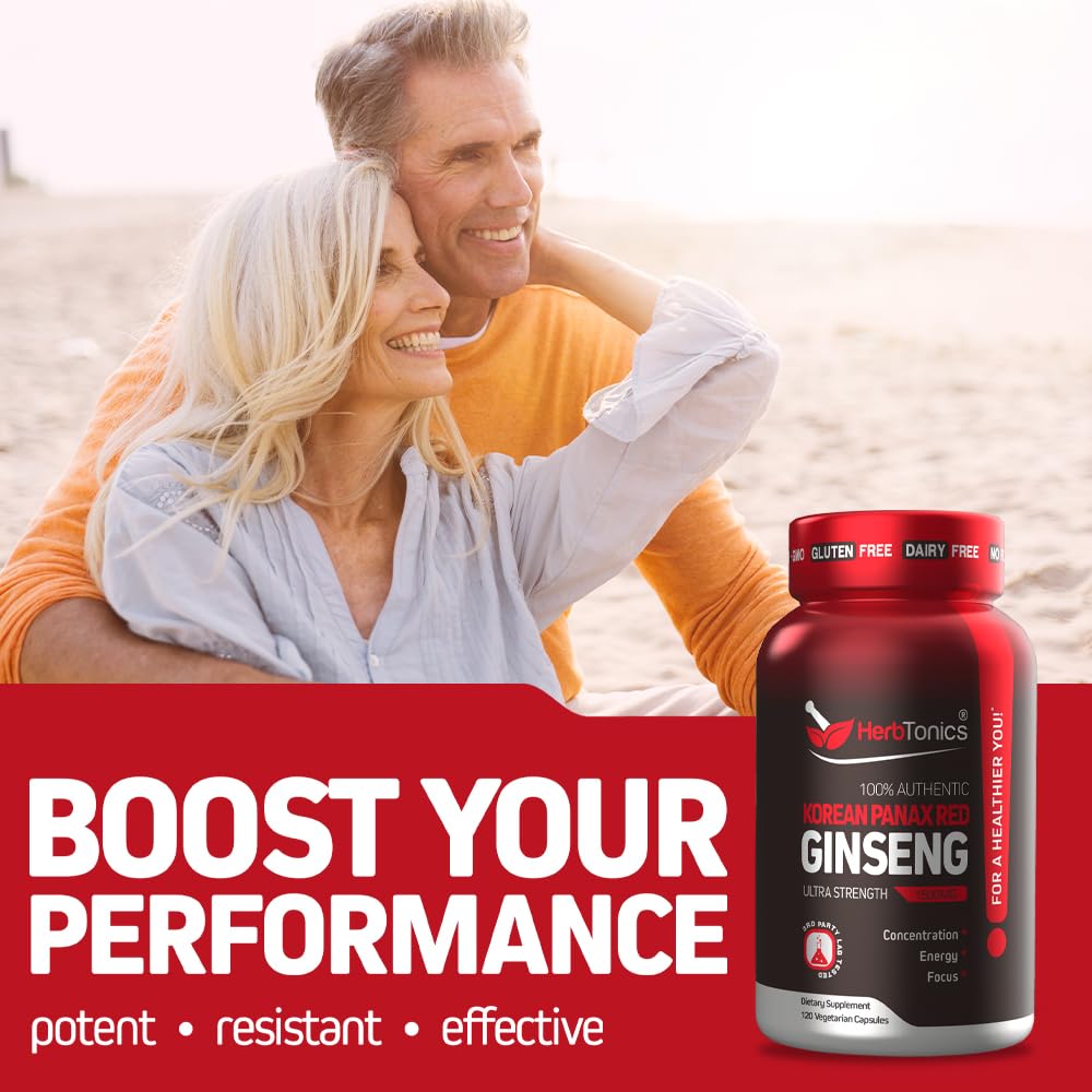 Herbtonics Korean Red Panax Ginseng 1500mg - Energy Supplement for Peak Performance, Focus & Vitality - High Potency Ginseng Root Extract - 240 Vegan Capsules Herbtonics uk supplements