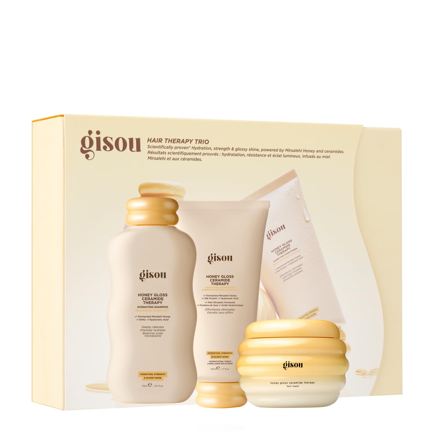 Gisou Honey Gloss Hair Therapy Trio - Mini Shampoo, Hair Mask and Conditioner for smoother, stronger and glossier hair Gisou uk supplements