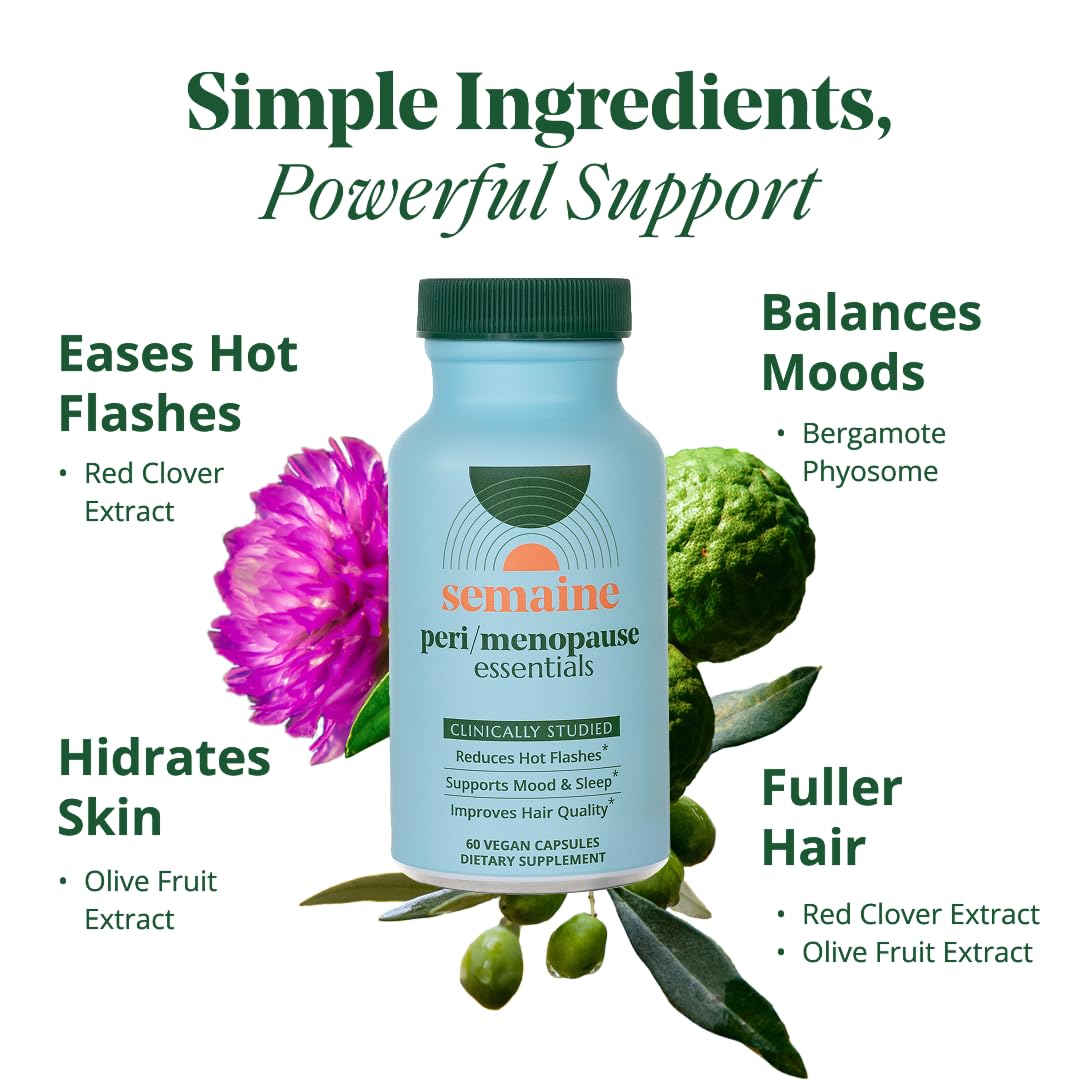 Semaine Peri/Menopause Essentials, 60 Ct. - Fuller Hair, No More Hot Flashes, Hormone Balance, Better Sleep & More - Clinically-Studied, Non-Hormonal Formula Semaine uk supplements