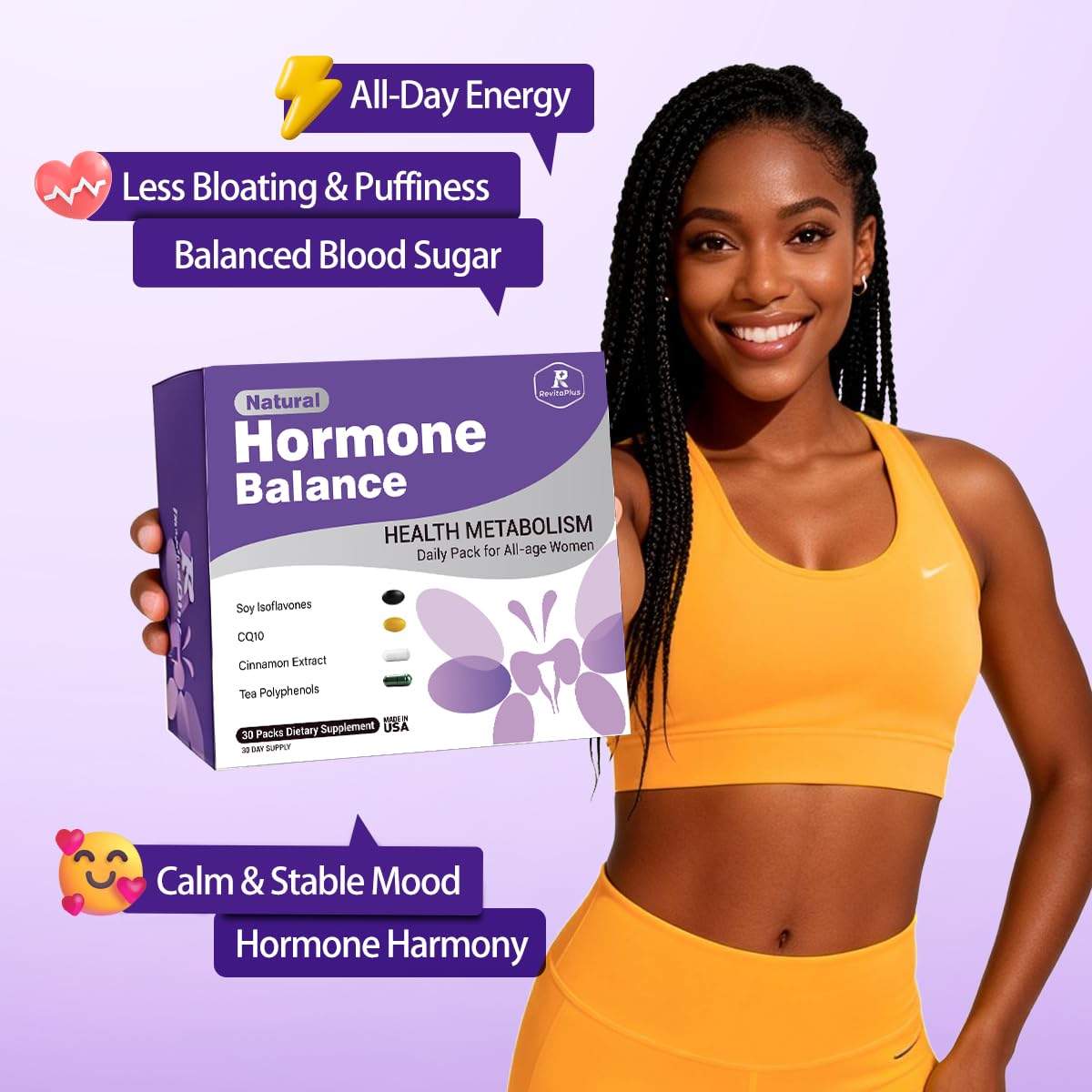 Natural Hormone Balance for Women, Menopause Supplements for Women with Evening Primrose Oil,CoQ10,Soy Isoflavones, Daily Pack Supports Peri+Menopause+Post, PMS,Metabolism,Mood,Energy 30Packs RevitaPlus uk supplements