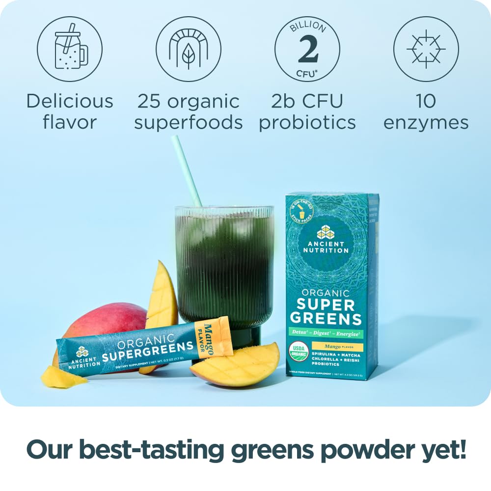 Ancient Nutrition SuperGreens Powder with Probiotics, Organic Mango Flavor Greens, Made from Real Fruits, Vegetables and Herbs, Digestive and Energy Support, 16 Stick Packs, 4.3oz Ancient Nutrition uk supplements