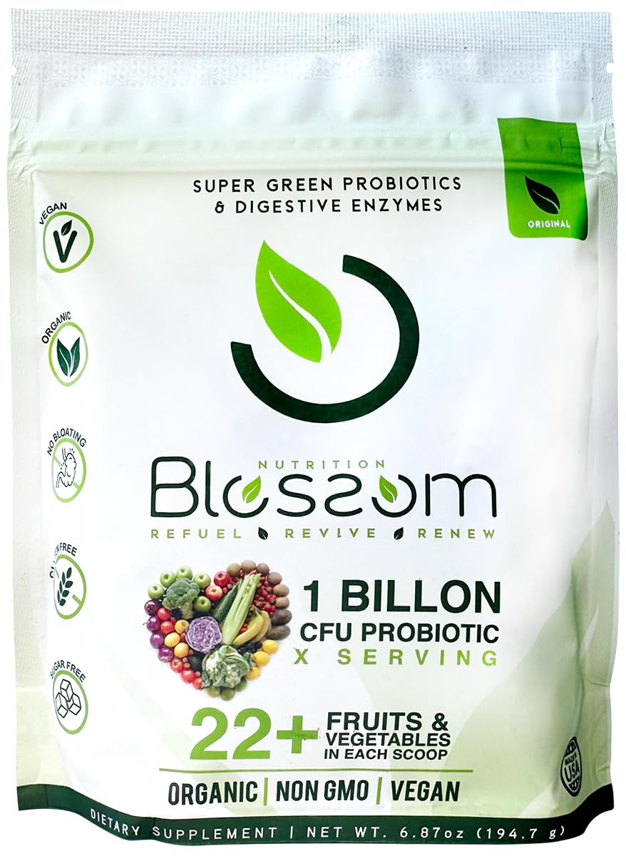 Blossom SuperGreens Probiotics – Digestive Enzymes with Pre/ProBiotics for Bloating Relief – 30+ SuperGreens & SuperReds to Boost Energy –Organic, Gluten-Free, No Fiber, 0g Sugar (Lemon Citrus) BRANIA uk supplements