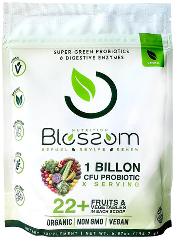 Blossom SuperGreens Probiotics – Digestive Enzymes with Pre/ProBiotics for Bloating Relief – 30+ SuperGreens & SuperReds to Boost Energy –Organic, Gluten-Free, No Fiber, 0g Sugar (Lemon Citrus) BRANIA uk supplements