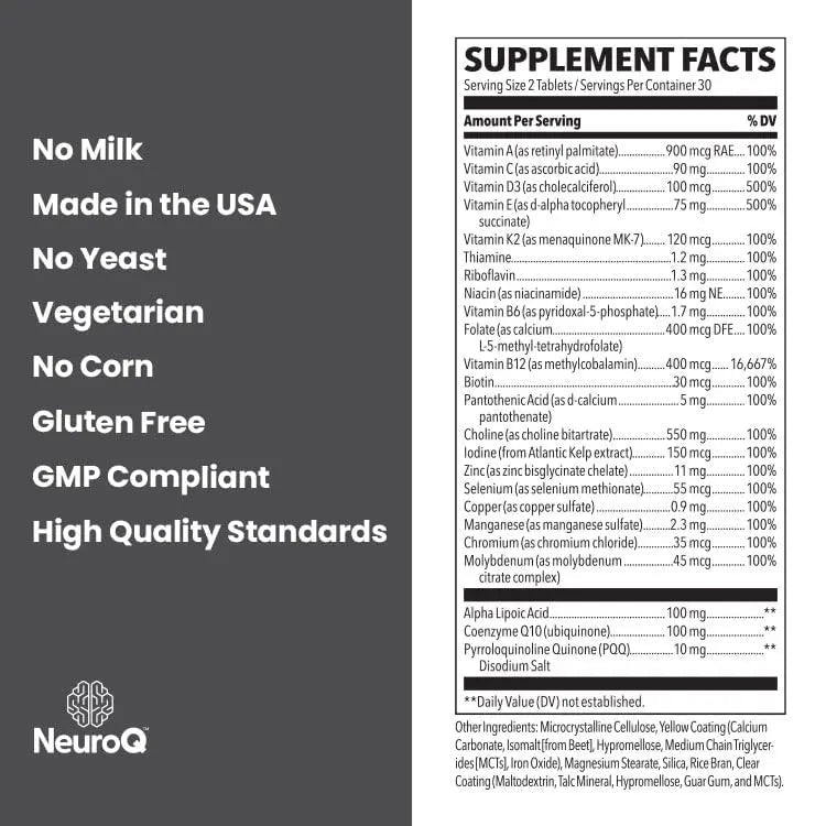 NeuroQ Daily Essentials Multivitamin – High‑Potency Brain & Body Support with Choline 550 mg, PQQ, CoQ10, Alpha Lipoic Acid LifeSeasons uk supplements