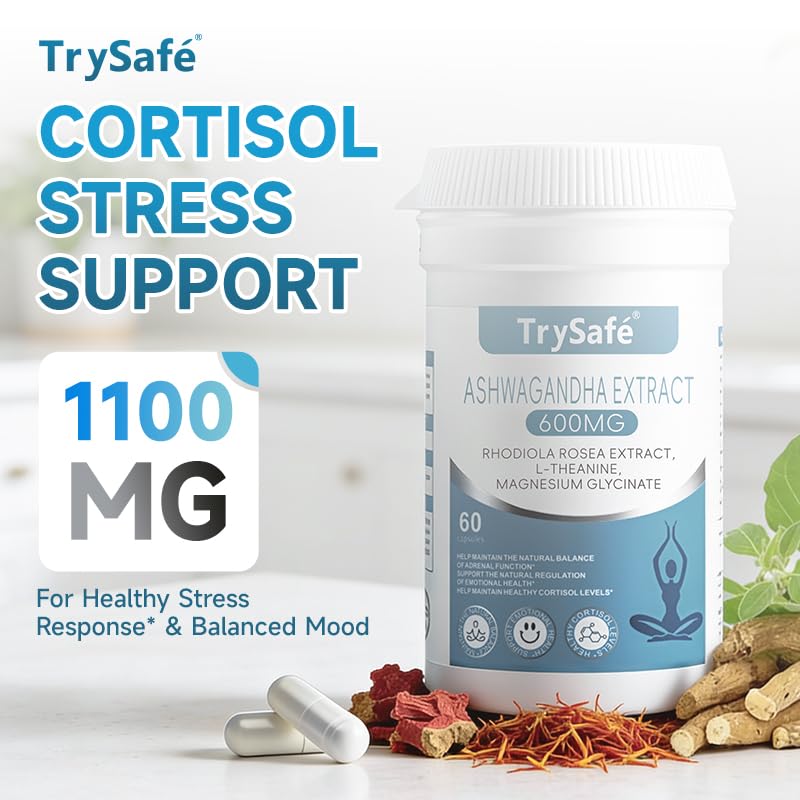 TrySafe 1100MG Cortisol Supplements for Women and Man with 600MG Ashwagandha, 200MG Rhodiola Rosea, 200MG L-Theanine, 100MG Magnesium Glycinate | for Healthy Stress Response*, Mood* TrySafe uk supplements