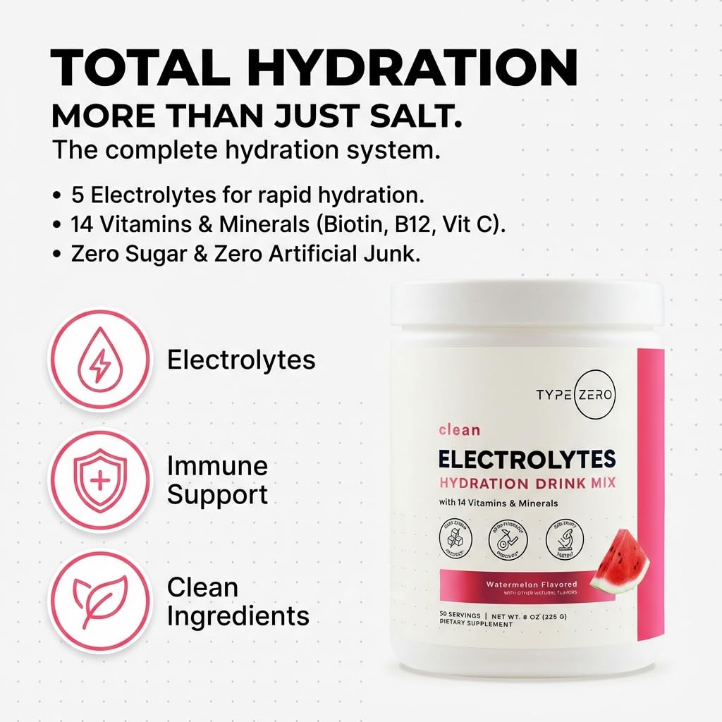 Type Zero Clean Electrolytes Hydration Powder Drink Mix + 14 Essential Vitamins & Minerals - Sugar Free, Zero Artificial Ingredients - Watermelon Flavor, 50 Servings Type Zero uk supplements