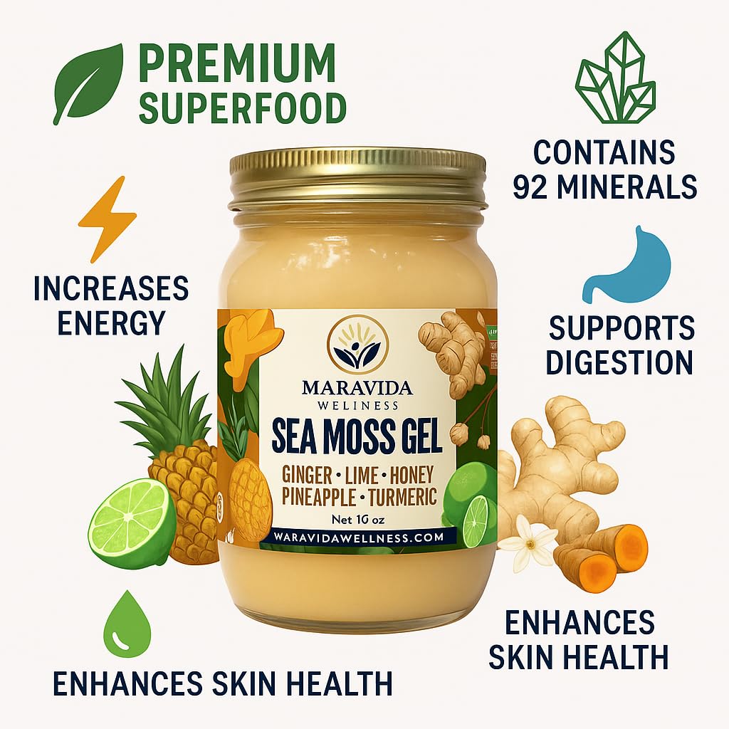 Maravida Wellness Sea Moss Gel – Pineapple, Lime, Honey, Ginger & Turmeric – 100% Natural Raw Organic Irish Moss – 16oz Jar – Premium Superfood for Everyday Wellness Maravida Wellness uk supplements