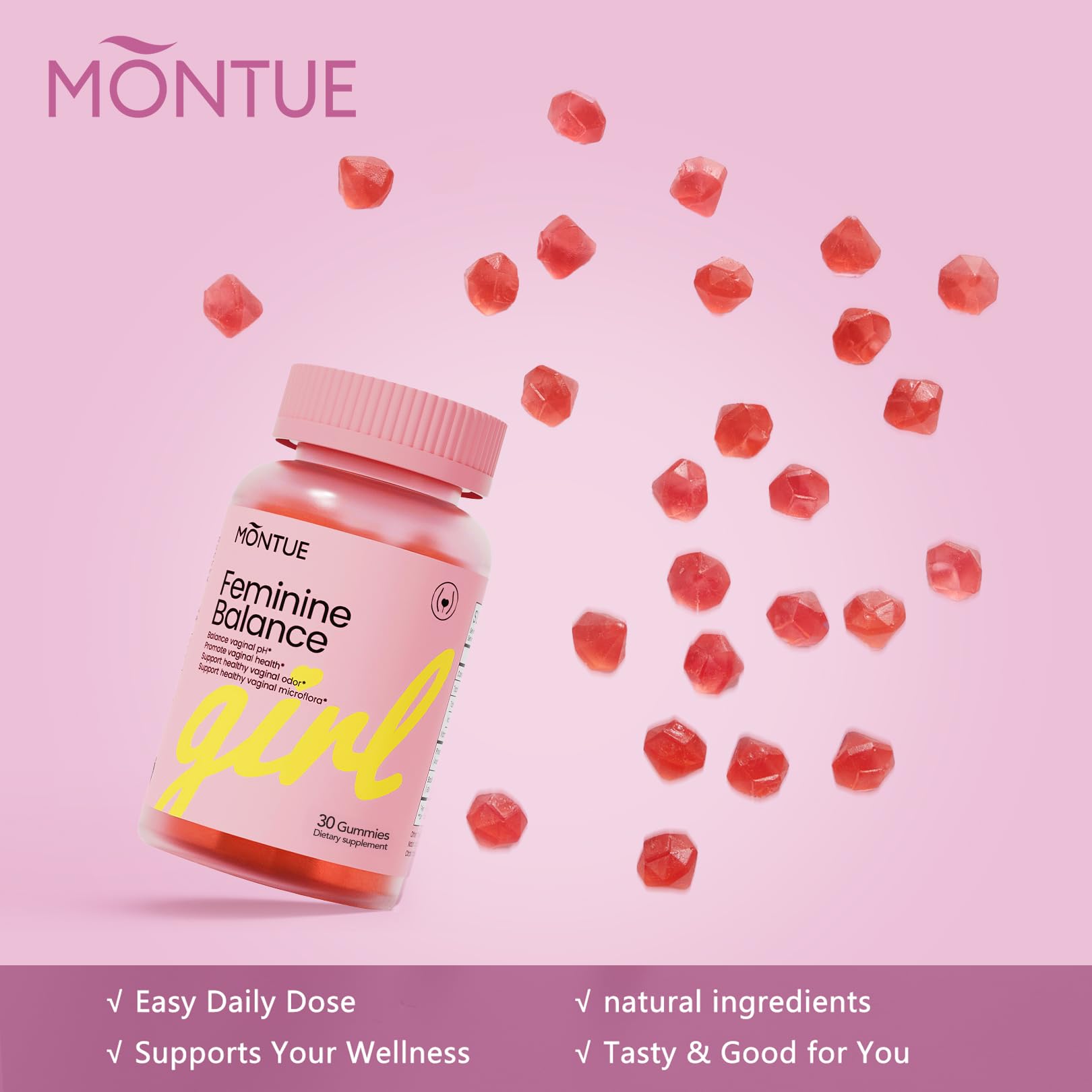 Montue Premium Diamond Feminine Balance Gummies-pH Balance with Prebiotics & Lactobacillus Probiotic Blend&Hawaiian Pineapple Immune Support,Vegan& Non-GMO（30 Gummies） Montue uk supplements