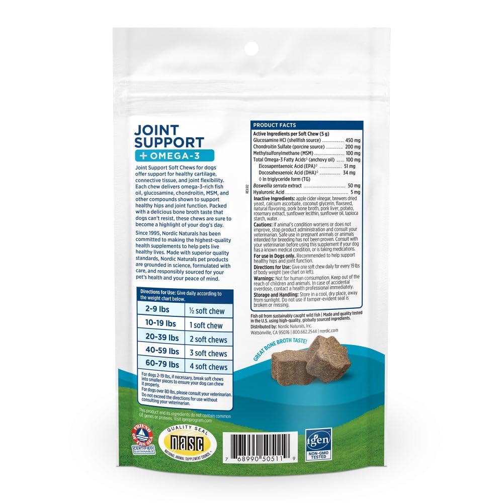 Nordic Naturals Pet Joint Support + Omega 3 Soft Chews for Dogs, Pork Bone Broth Flavored - Promotes Mobility, Hip and Joint Support with Omega-3 Fish Oil, MSM, EPA & DHA - 30 Non-GMO Chews Nordic Naturals uk supplements