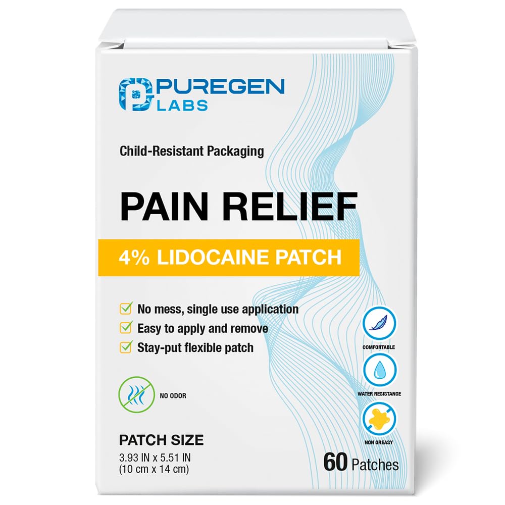 Puregen Labs Lidocaine 4% Numbing Patch - Total 60 Patches Maximum Strength | Fast Acting Temporary Relief of Aches | Back, Neck, Shoulders, Elbows and Knees P Puregen Labs uk supplements