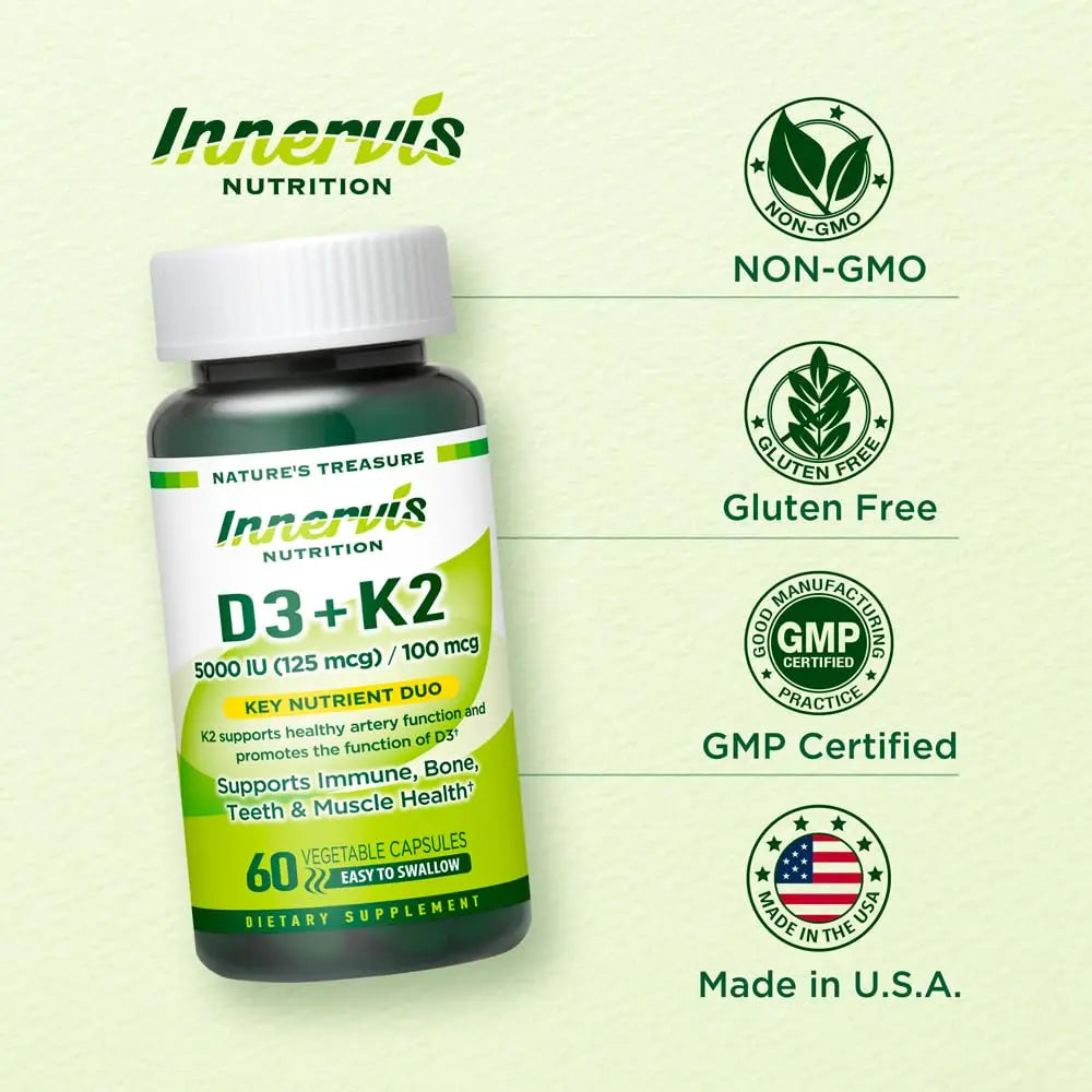 INNERVISNUTRITION Vitamin D3 5000 IU + K2 MK-7 100mcg – Bone, Heart & Immune Support, Easy to Swallow, 60 Capsules INNERVISNUTRITION uk supplements