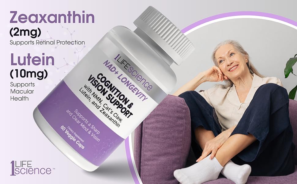 1LifeScience Cognition & Vision Support Supplement – NMN, Lion’s Mane, Cat’s Claw, Apigenin, PQQ & Lutein – NAD+ Support Formula – cGMP Made in USA – 60 Caps 1LifeScience uk supplements