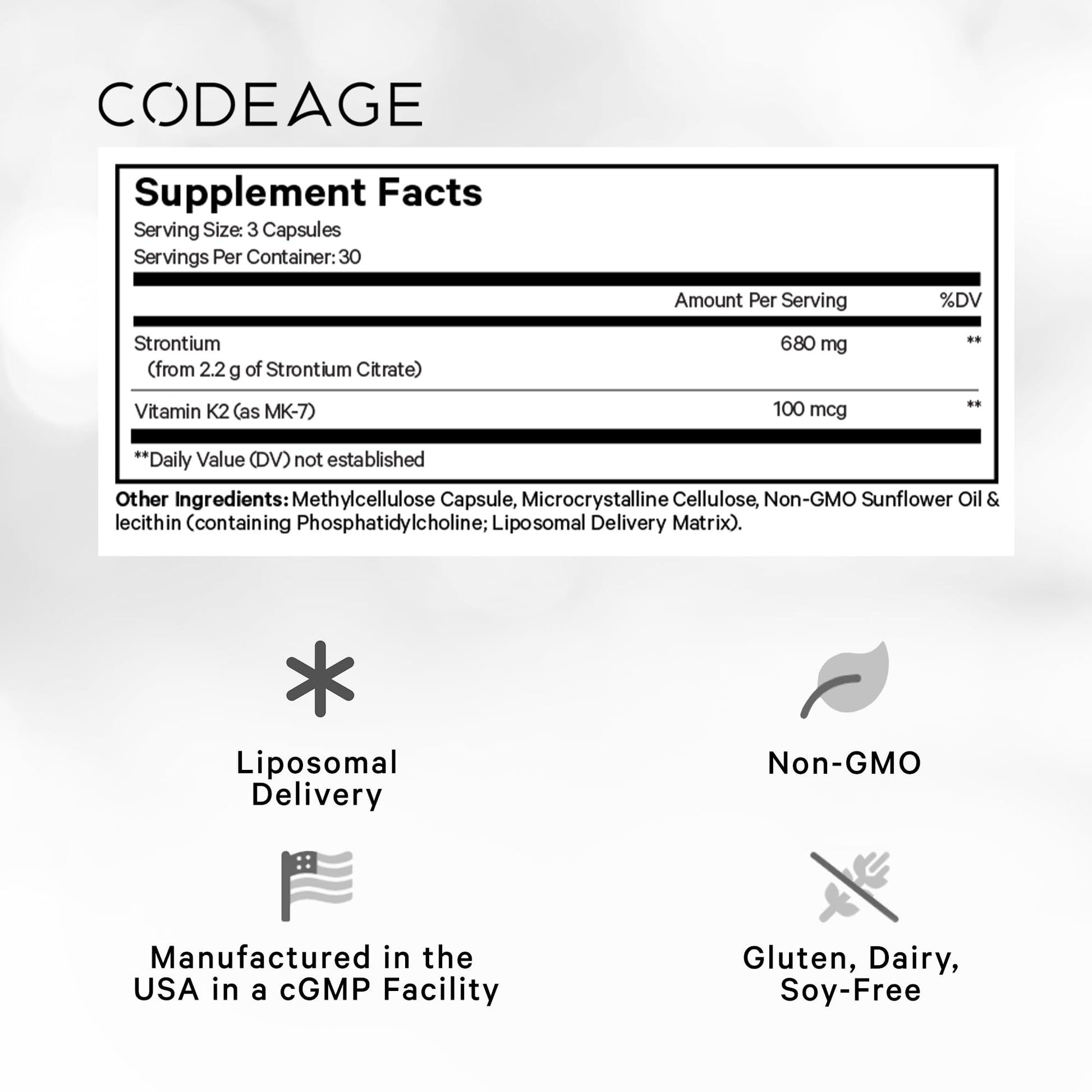 Codeage Liposomal Strontium Supplement - Strontium Citrate, Vitamin K2 MK-7, Liposomal Delivery, Non-GMO, Gluten-Free - 90 Capsules Codeage uk supplements