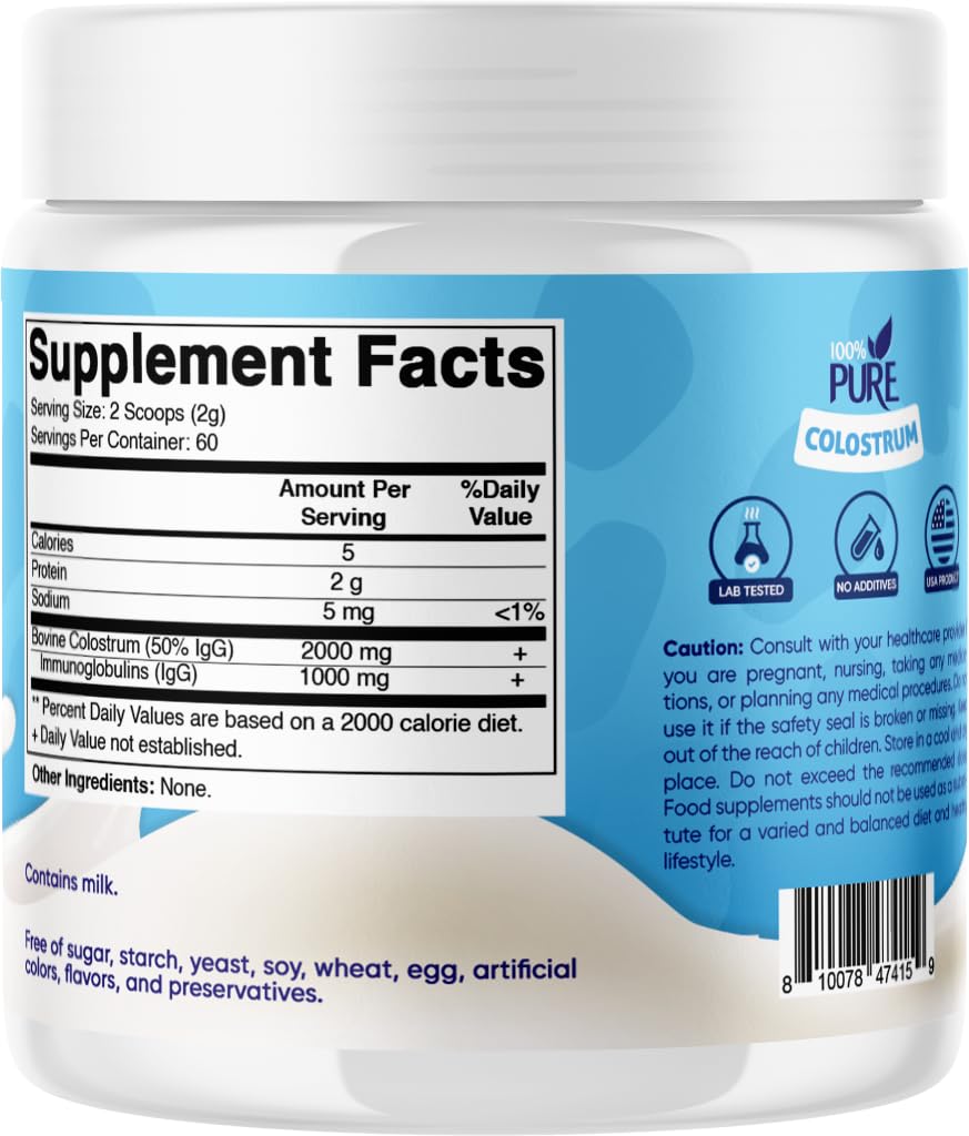 Vitamatic Bovine Colostrum Powder - 50% Highest IgG -120 Gram - Supplement for Gut Health, Hair Growth, Beauty, Muscle Recovery, & Immune Support - Easy to Mix - Unflavored - 60 Servings Vitamatic uk supplements