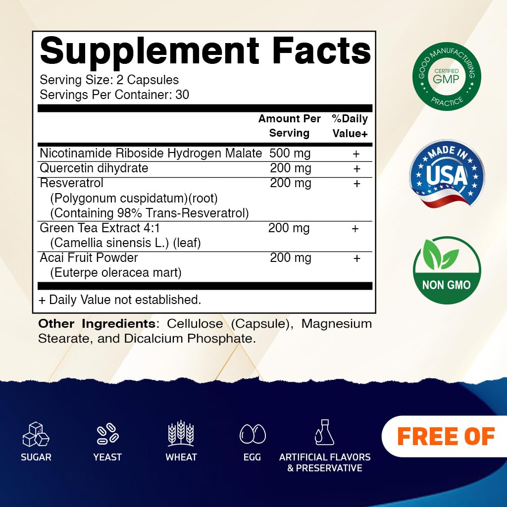 Vitamatic NAD Nicotinamide Riboside Supplement 1300mg 60 Ct - Support Healthy Aging, Cellular Energy Production, Made with Riboside, Quercetin, Resveratrol, Green Tea, & Acai Powder Vitamatic uk supplements