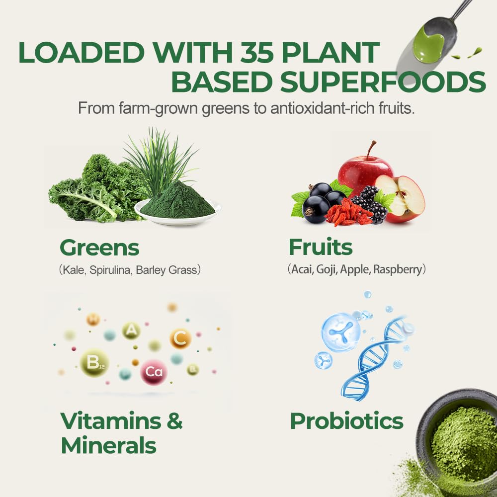Hellomush Super Greens Powder Superfood, Daily Green Powder Supplement with Probiotics Drink Mix for Men & Women, Blend of Greens, Mushrooms, Vitamins, Probiotics and Cellular Nutrients Hellomush uk supplements