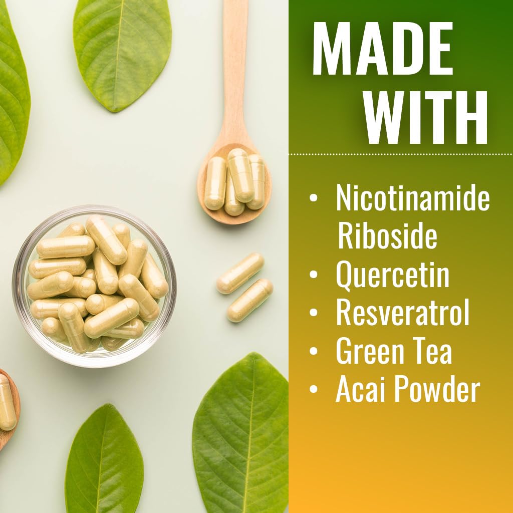 Vitamatic NAD Nicotinamide Riboside Supplement 1300mg 60 Ct - Support Healthy Aging, Cellular Energy Production, Made with Riboside, Quercetin, Resveratrol, Green Tea, & Acai Powder Vitamatic uk supplements